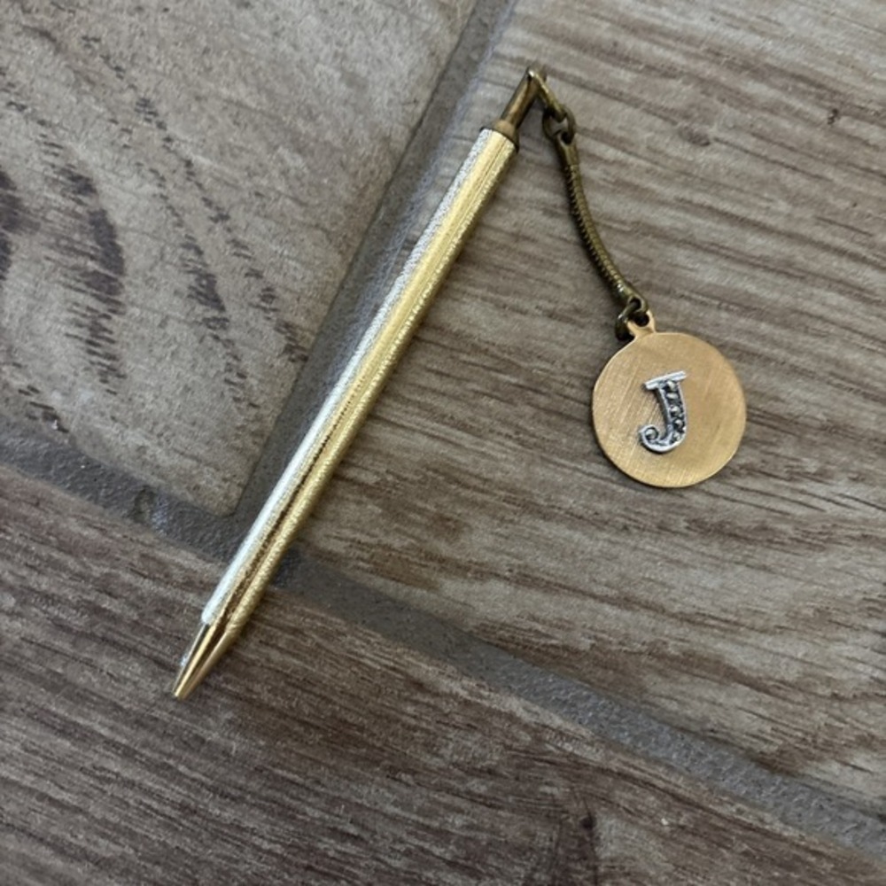 Antique Gold Tone Click Pen w/ J Pendant (needs New Ink Cartridge)